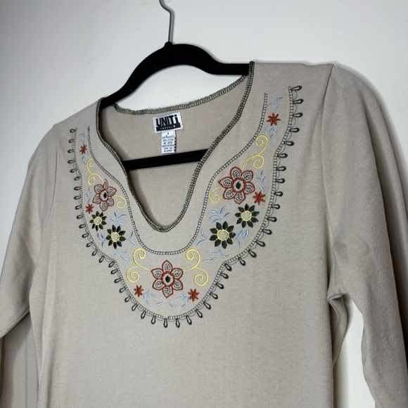 VTG 90s Y2K 70s Hippie Prairie Tan Floral Embroidered Bellsleeve Longsleeve Top - Picture 2 of 5
